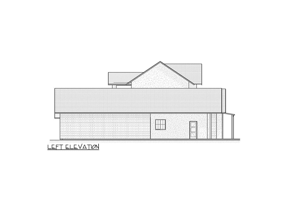 Left elevation drawing of a house plan showing a pitched roof, brick siding, a window, and a door with a covered porch.