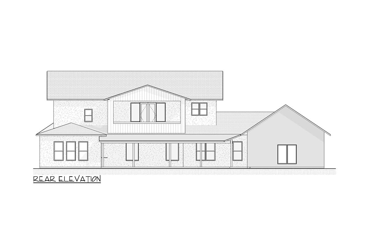 Rear elevation house plan showing a two-story main section with a projecting dormer and a single-story wing connected by a porch.