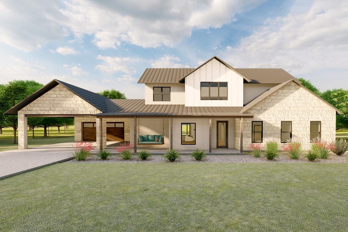 Modern farmhouse house plan exterior with two stories, covered porch with swing, stone and siding exterior, and gabled rooflines. Includes a carport.