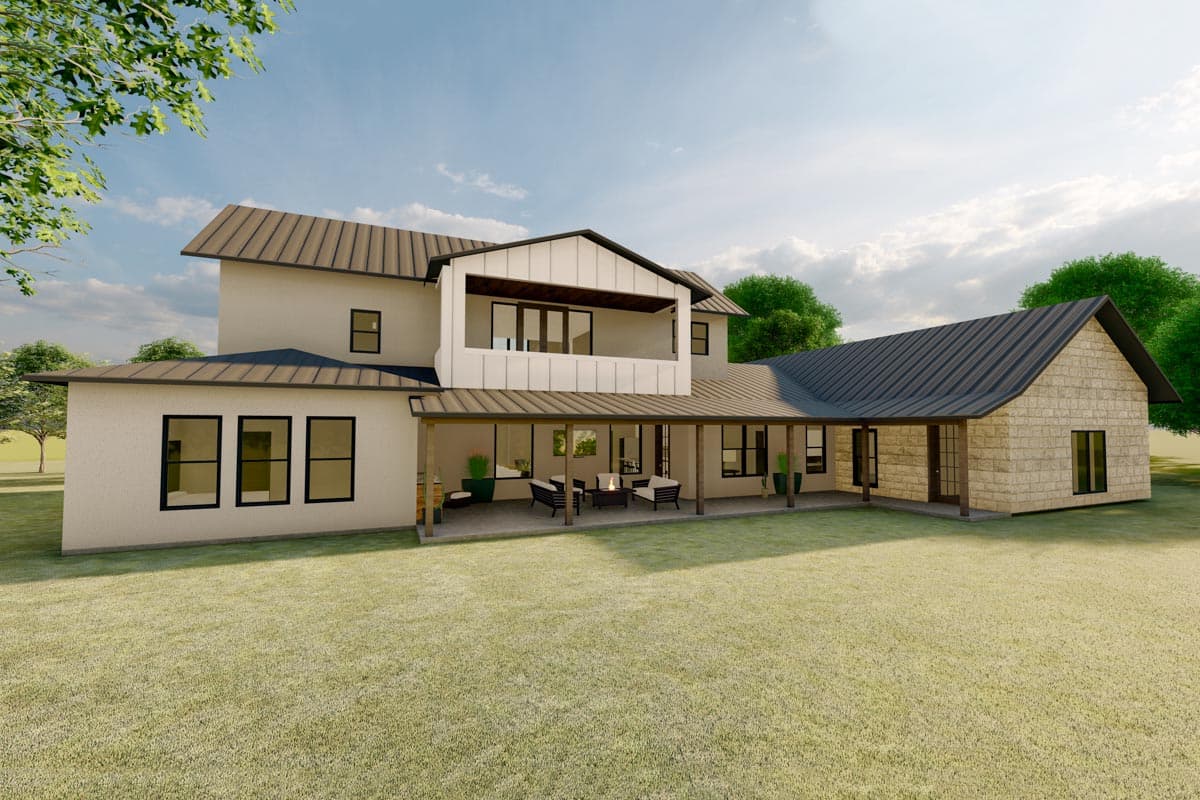 House plan exterior: Two-story Modern Farmhouse with metal roof, wraparound porch, balcony, and stone accent wing.