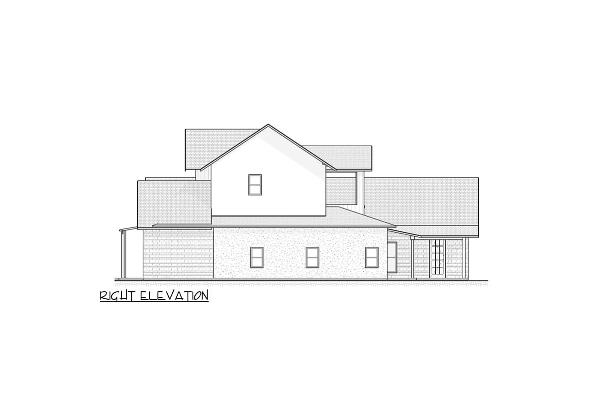 Right elevation house plan drawing with a gabled roof, brick base, and multiple windows.