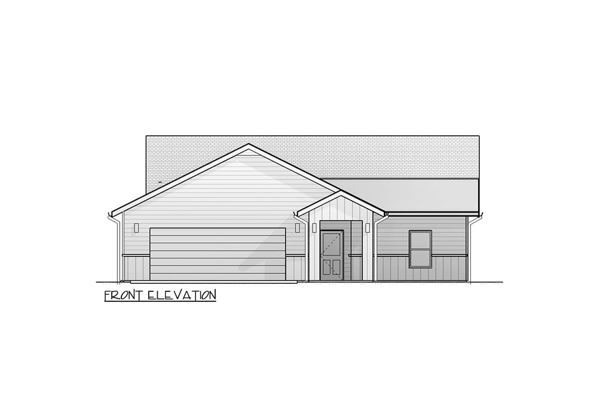 Front elevation drawing of a one-story house with a prominent gable, attached garage, and covered entry.