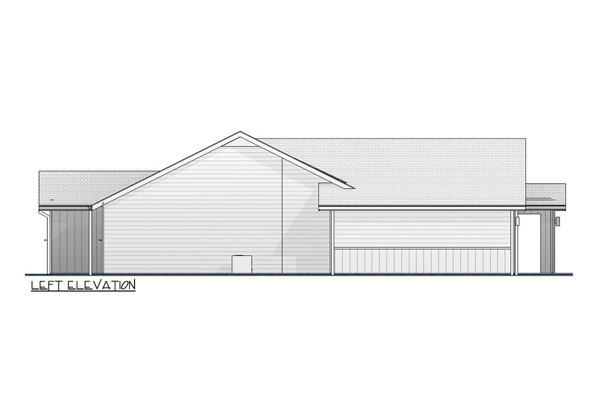 Left elevation drawing of a one-story house plan with gable roof, attached garage, and vinyl siding.