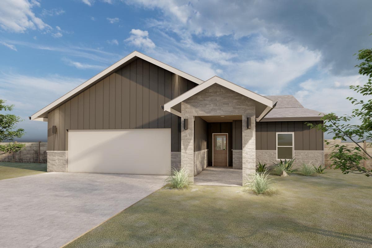 House plan exterior. One-story Modern house with board and batten siding, gable roof, and attached garage. Stone accents frame the entry.