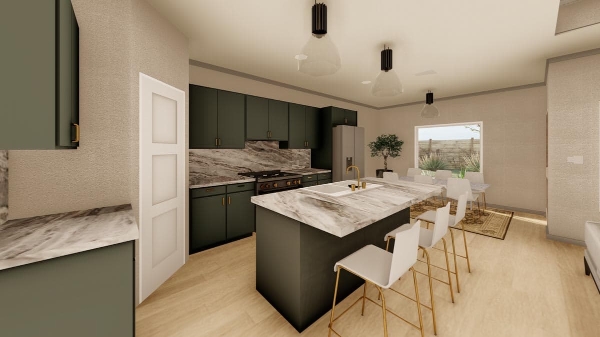 Kitchen with dark green cabinets, marble island with sink, gas range, and dining area with large window.