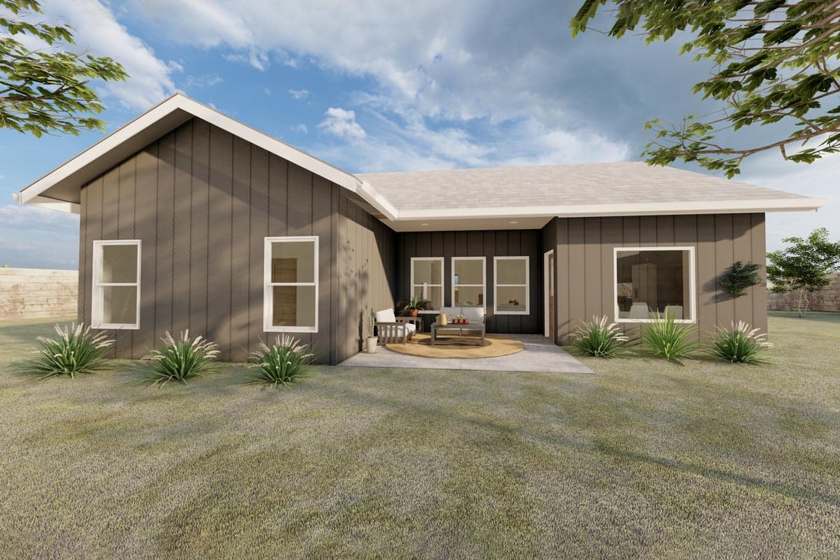 House plan exterior: Ranch-style, one-story home with dark gray vertical siding, white-trimmed windows, and a covered patio with seating.