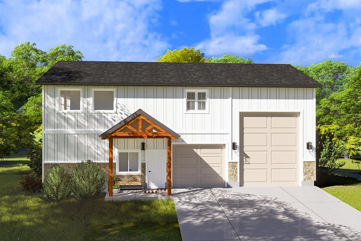 House plan exterior with two stories. Features include a gable roof, timber-framed porch, and a two-car garage with stone accents.
