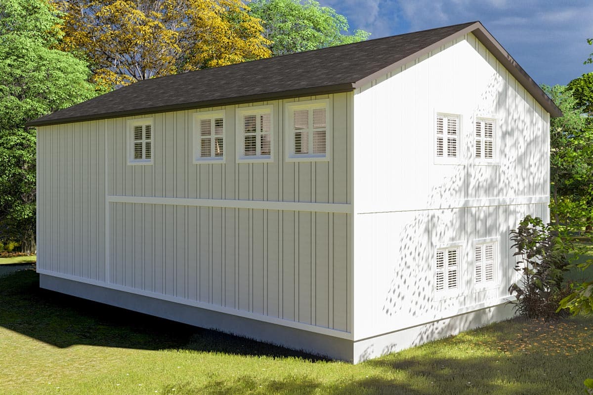 House plan exterior view of a two-story structure with vertical siding, a gable roof, and multiple windows on both levels.