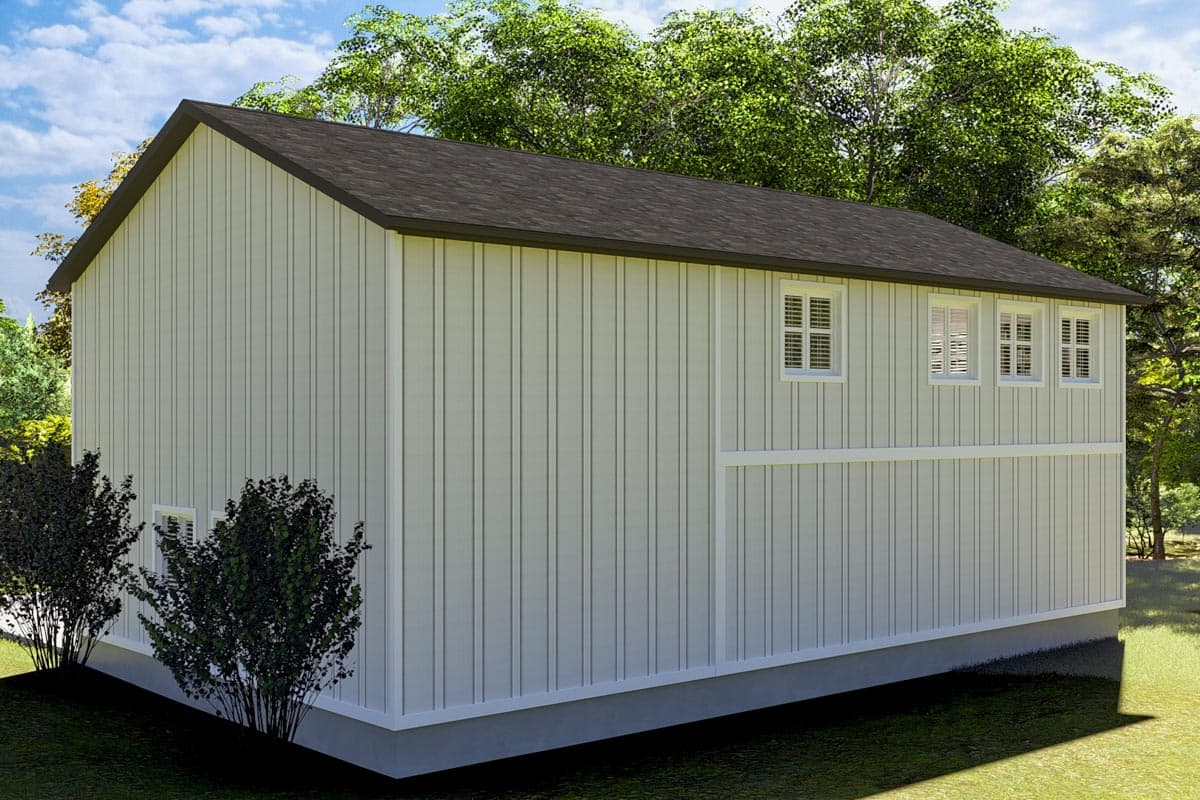 House plan exterior: vertical siding, asphalt shingle roof, and multiple rectangular windows.