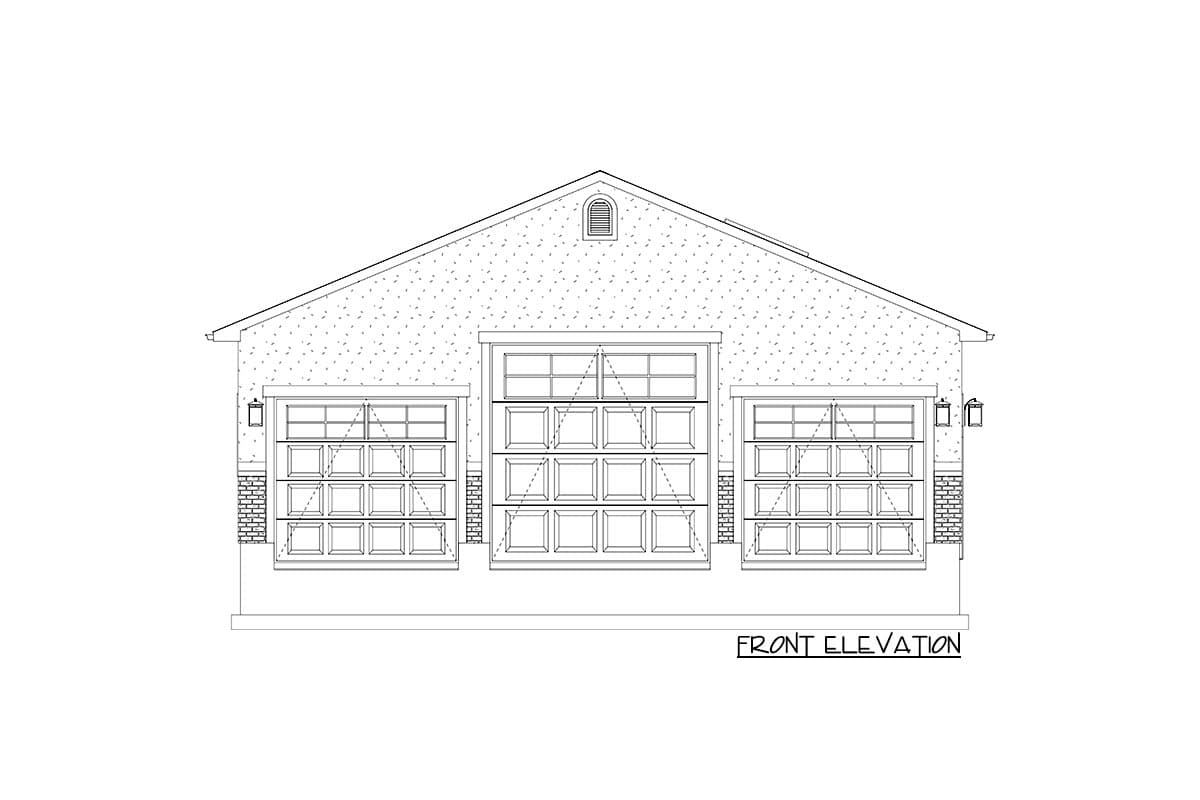 Front elevation drawing of a garage with three bays, featuring paneled doors with top windows and brick accents.