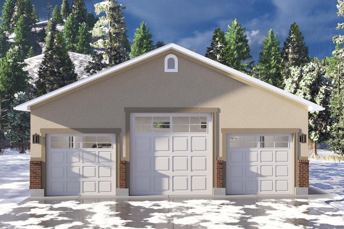 House plan exterior. Features three-car garage, gable roof, and brick detailing on garage door supports and siding.