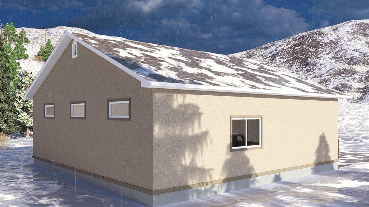 House plan exterior, one-story building with gable roof and textured siding, featuring four windows on the side.