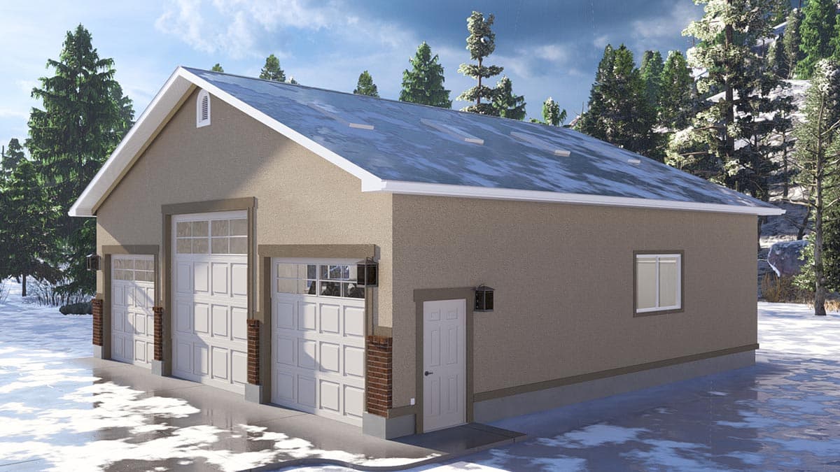 House plan exterior, this one-story structure features a gable roof, three garage doors with windows, and a single entry door.