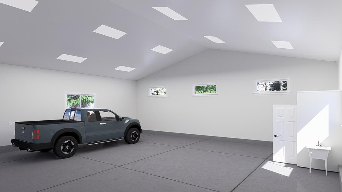 Interior rendering of a spacious garage with a pickup truck, a door, a utility sink, and multiple rectangular skylights.
