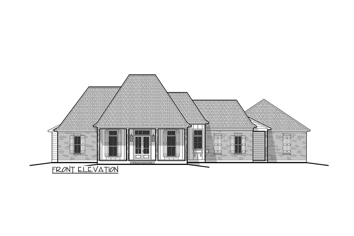 Front elevation drawing of a single-story house with a covered entry porch, hip roofs, and double-hung windows.