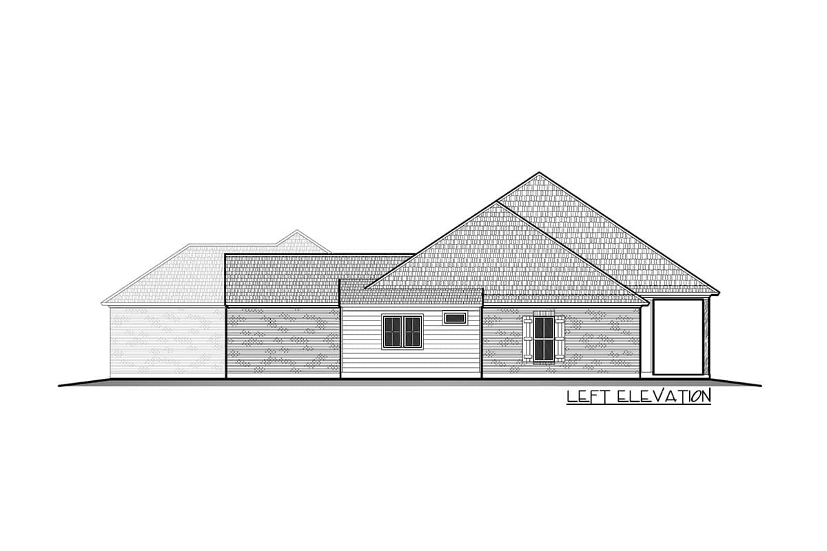 Left elevation house plan showing a single-story structure with hip roof, brick and siding, and attached garage.