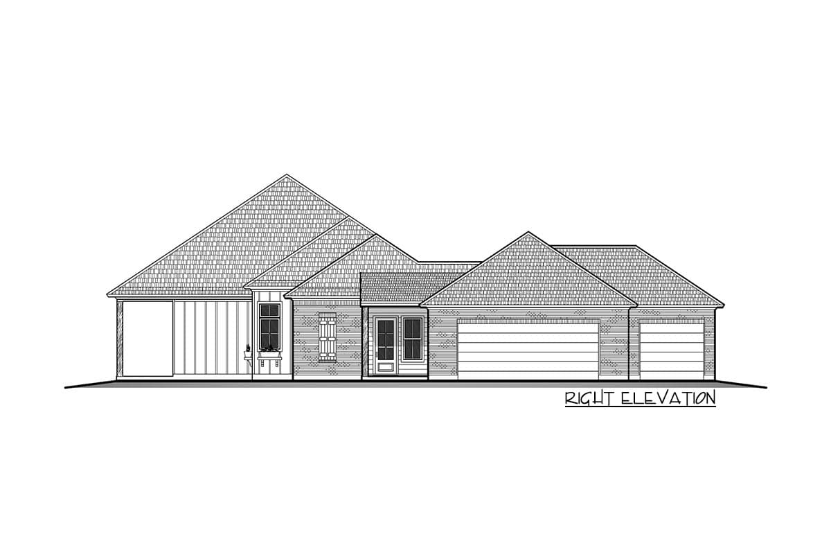 Right elevation house plan, one story, featuring a prominent gable roofline, brick accents, and a three-car garage.
