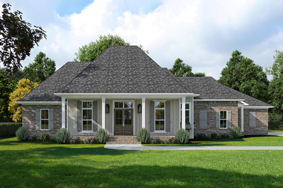 House plan exterior: Single-story home with a covered front porch, brick accents, board and batten siding, and multiple gables.