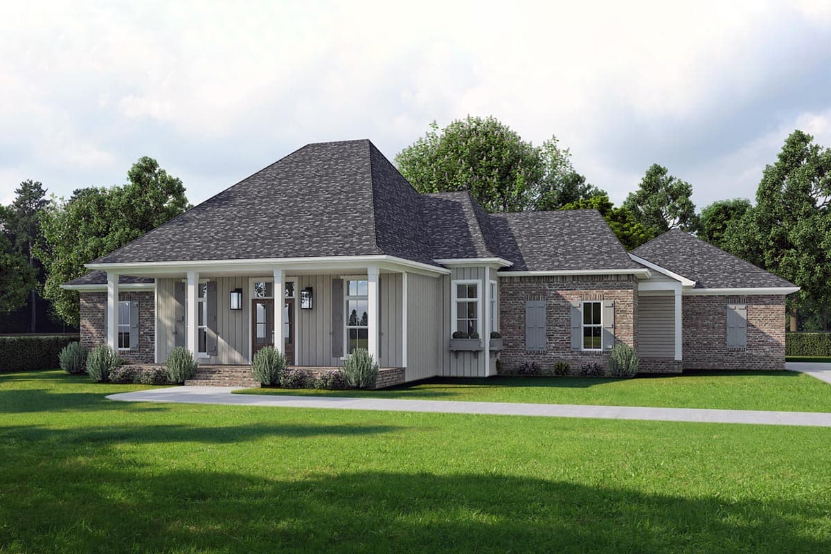 Ranch-style house plan exterior with covered front porch, brick and siding, multiple gables, and shutters.