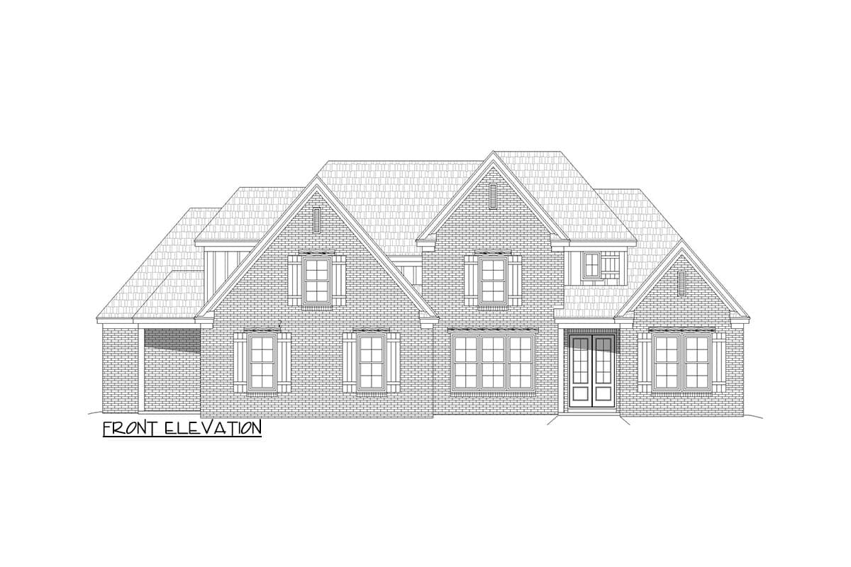 Front elevation drawing of a two-story brick house with gables, dormers, shutters, and a side-entry garage.