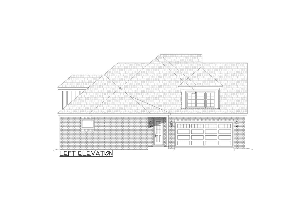 Left elevation house plan showing a two-story home with a brick facade, attached garage, dormer, and covered entry.