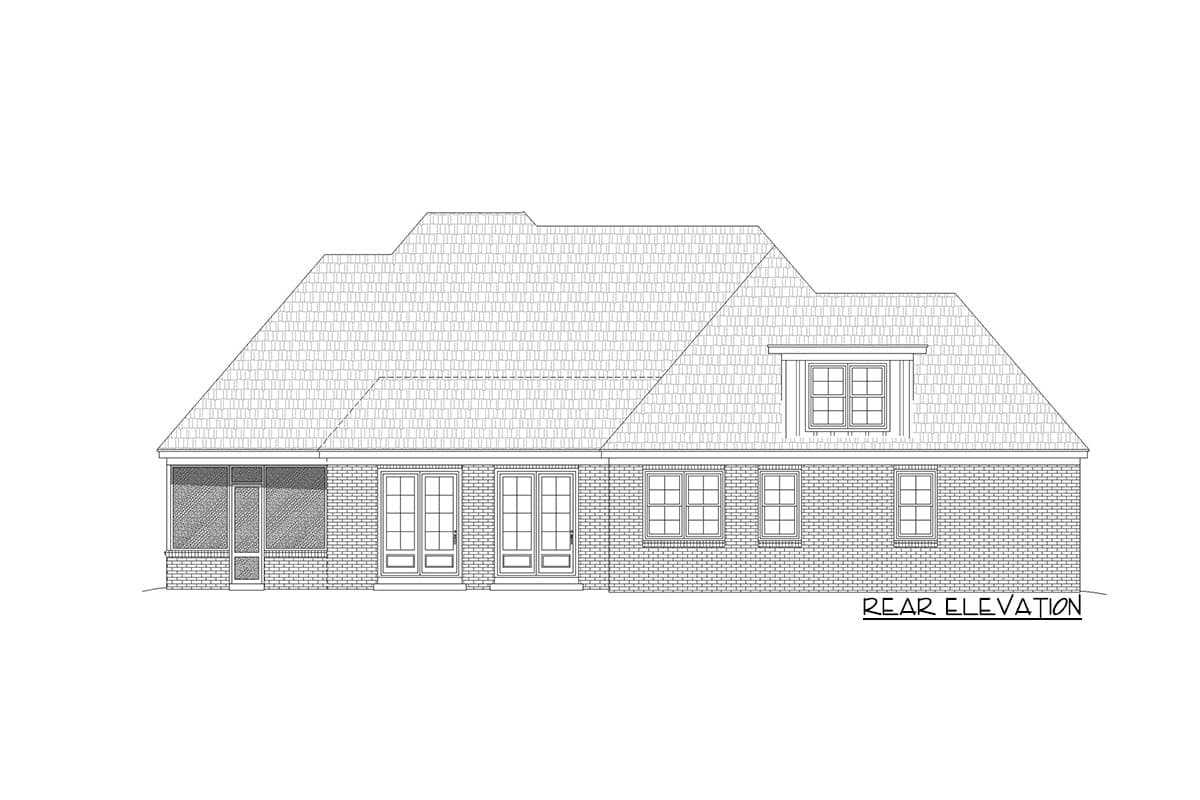 Rear elevation house plan with screened porch, double doors, dormer, and multiple windows.