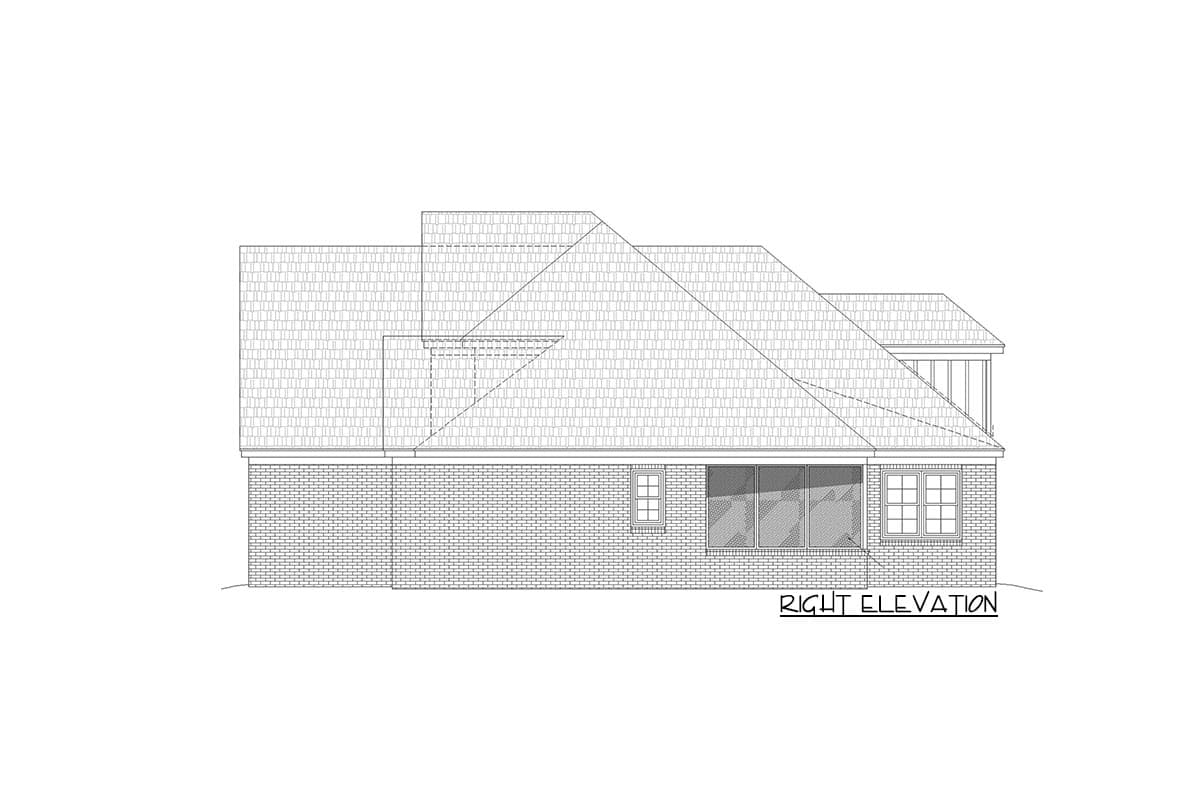 House plan right elevation drawing showing brick exterior, shingled roof with multiple gables, and large windows.