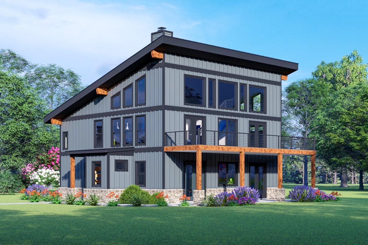 House plan exterior. Modern, two-story home with a shed roof. Features include a covered porch, multiple gabled windows, and a second-story balcony.