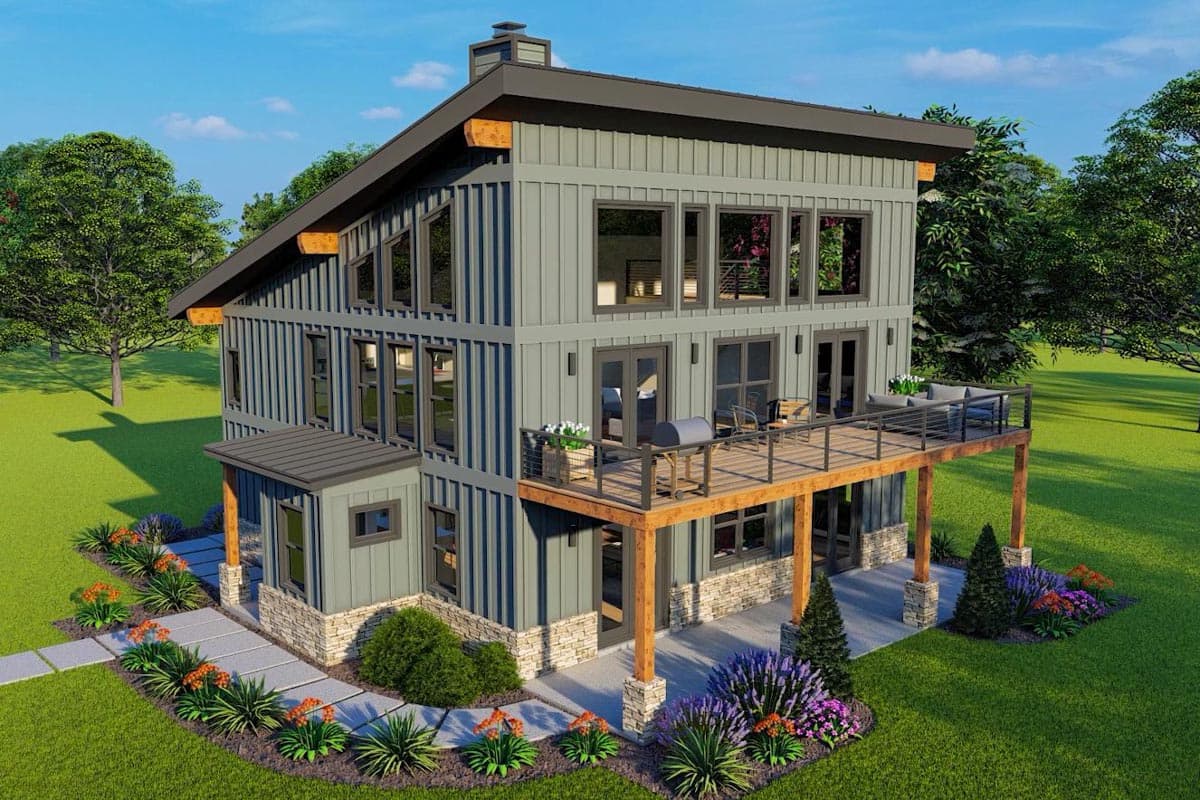 Modern house plan exterior with a sloped roof, vertical siding, stone accents, and a large wrap-around deck.
