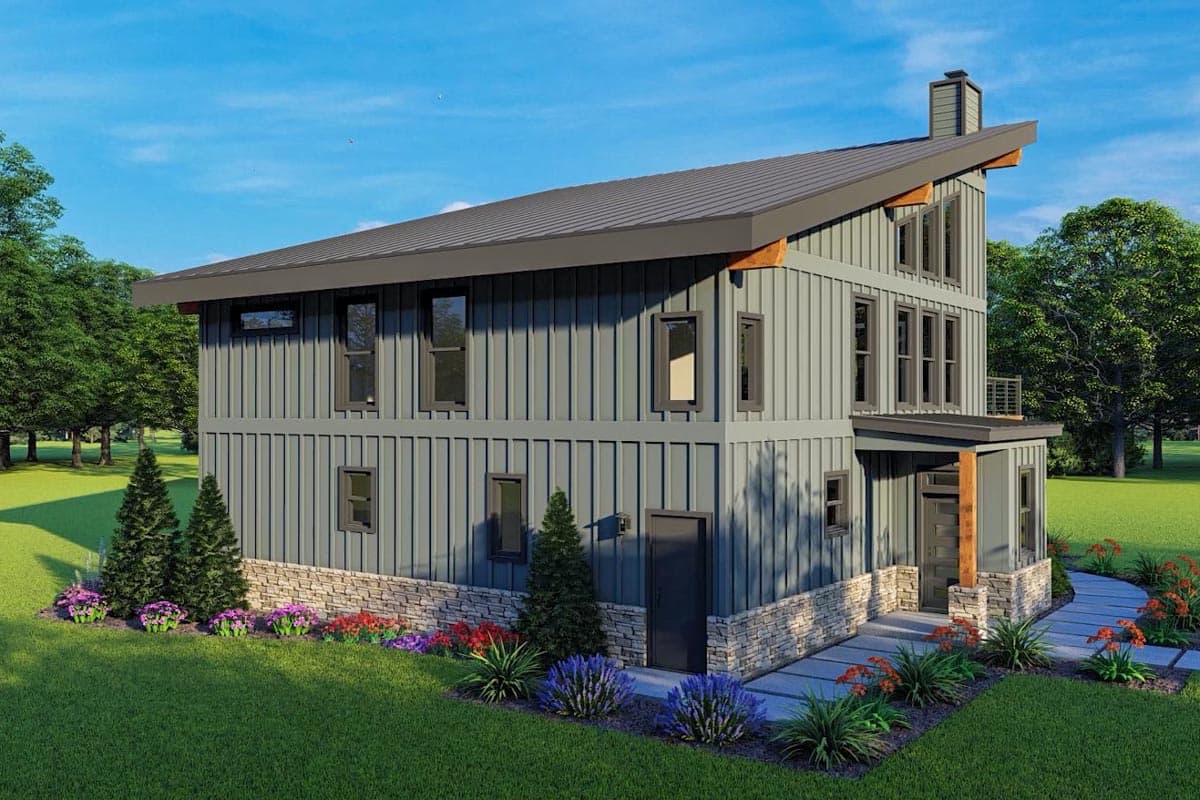 Modern house plan exterior: two-story, standing seam metal roof, stone base, and vertical siding. Features gabled dormers and exposed wood beams.