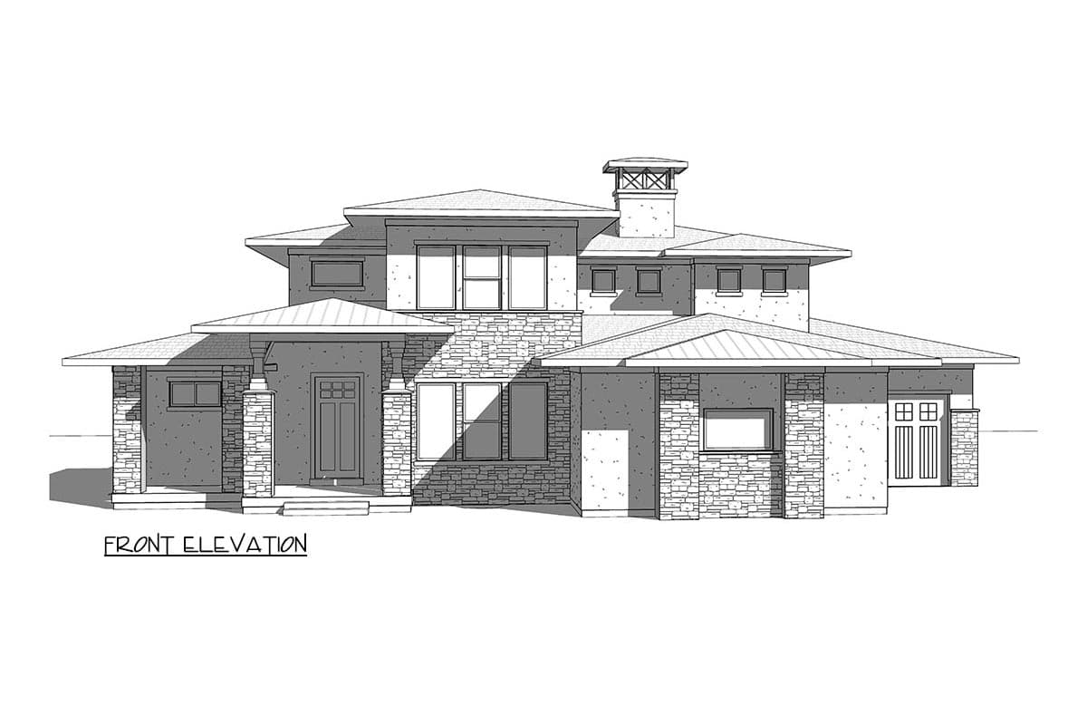 Front elevation drawing of a multi-story house with a prominent stone facade, large windows, and cantilevered rooflines.