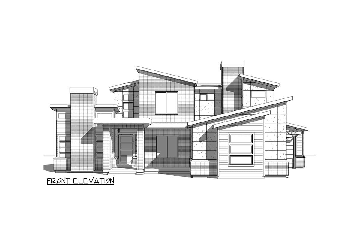 Front elevation drawing of a modern house with asymmetric rooflines, multiple stories, prominent chimney, and layered window arrangements.