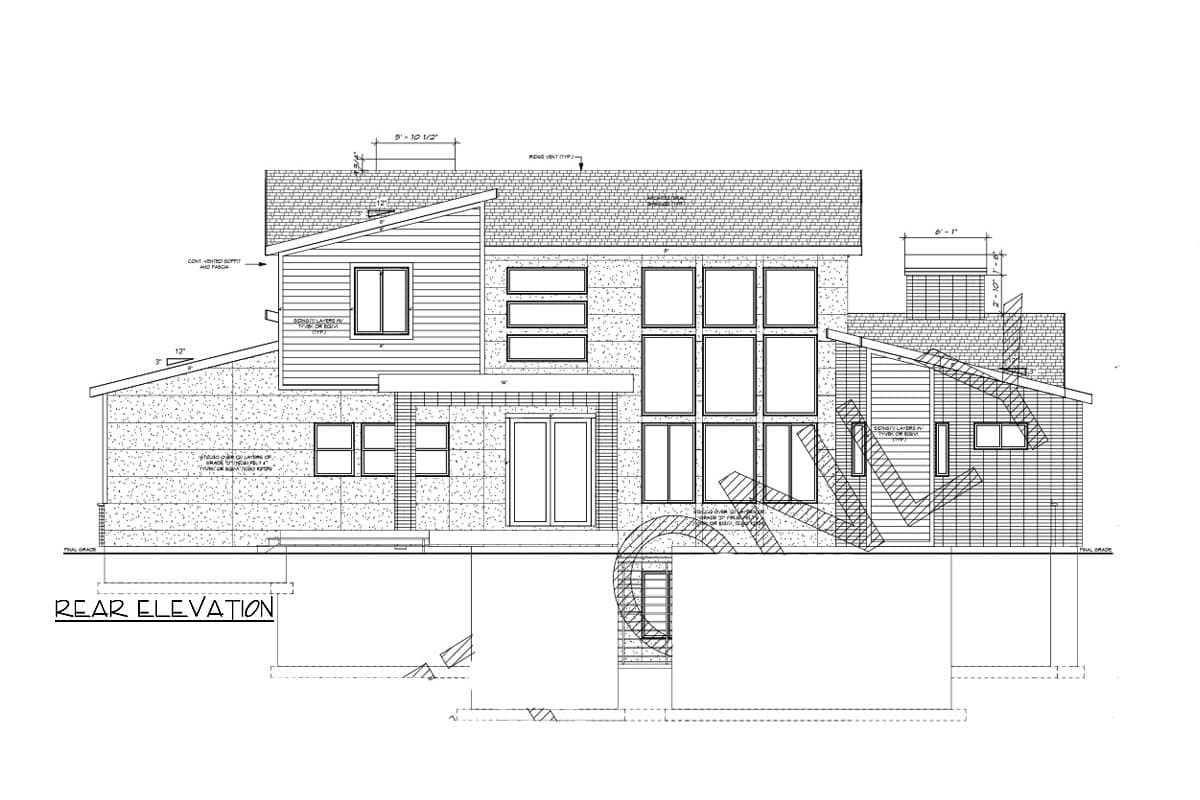 Rear elevation drawing of a house plan featuring varied window configurations, a pitched roof, and mixed cladding materials.