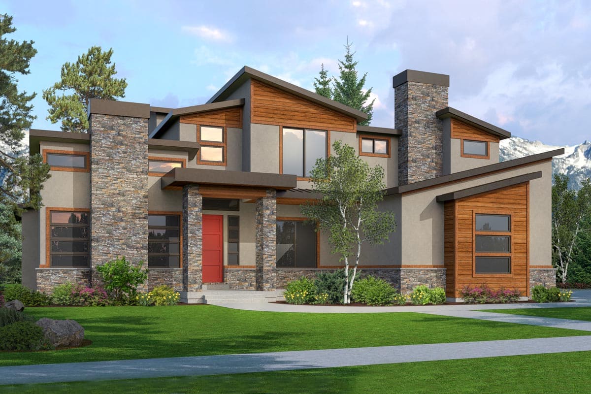 House plan exterior. Modern style, two-story home with a stone chimney, wood accents, and a covered entry porch with columns.