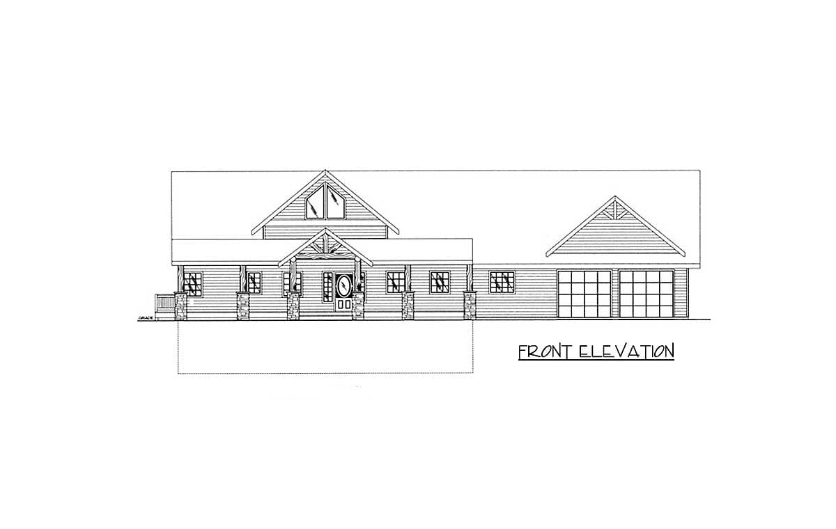 Front elevation drawing of a house plan with a covered porch, stone-clad columns, gable dormer, and a three-car garage.