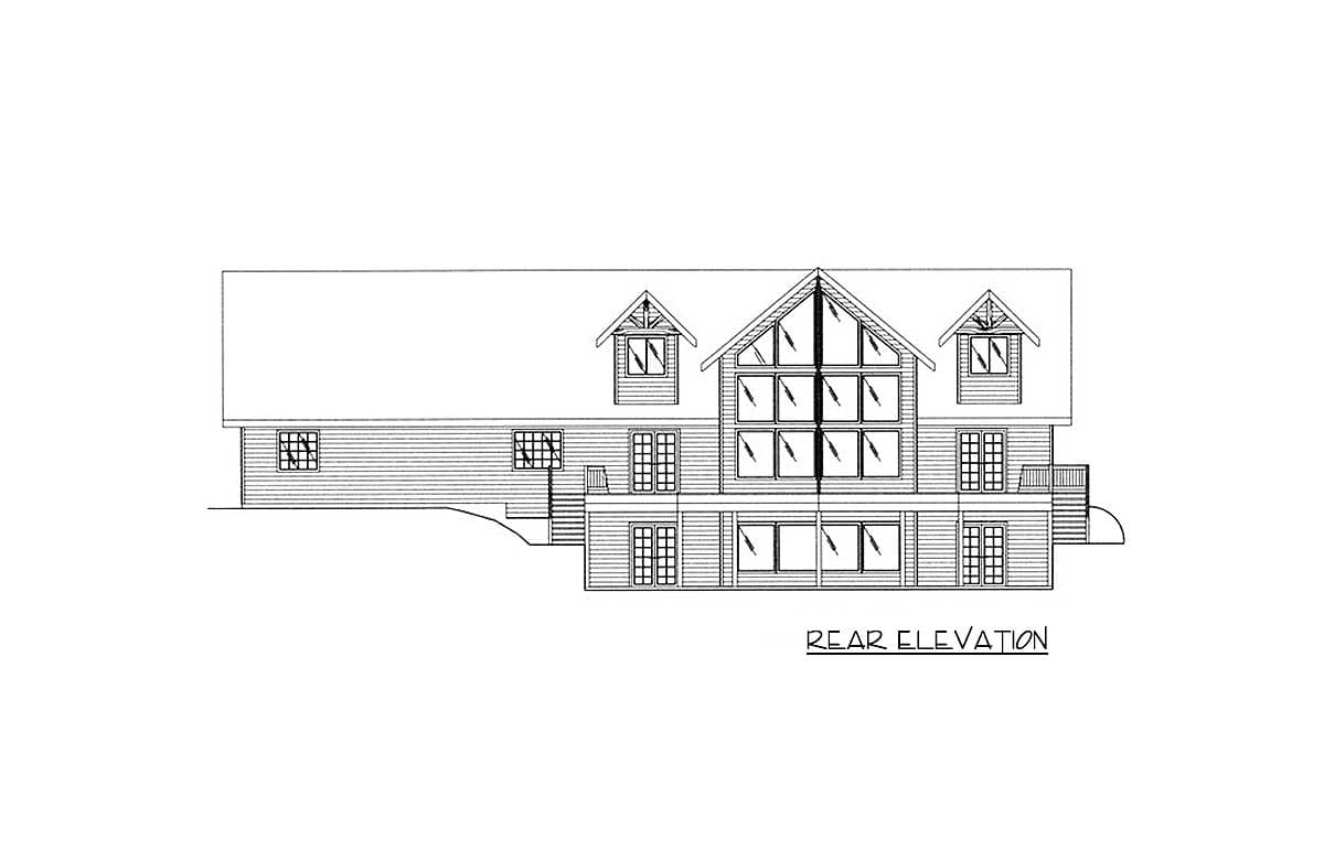 Rear elevation drawing of a house plan featuring multiple stories, gabled dormers, extensive window arrangements, and a deck.