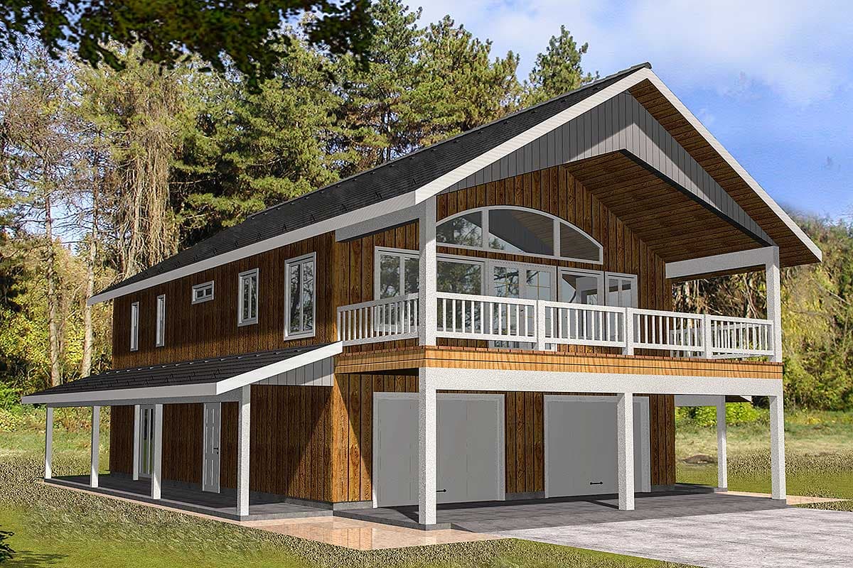 House plan exterior with two stories, full front porch, arched window, and side-facing two-car garage.