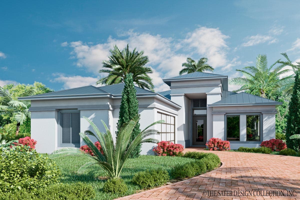 House plan exterior. One-story contemporary design with flat roof, recessed entry, and rectangular windows. Includes garage and brick paver driveway.