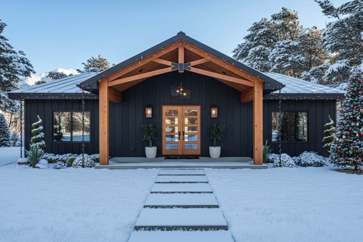 A dark, modern house with a wooden porch and roof, covered in snow, with a Christmas tree and lights strung around the roofline.