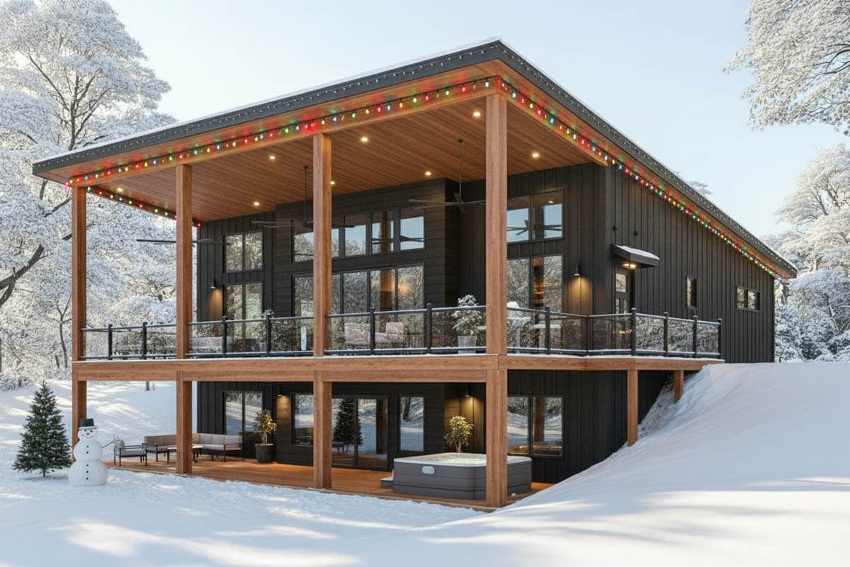 A modern, two-story cabin with a wraparound deck, set in a snowy landscape. String lights adorn the roof, and a snowman stands in the snow.