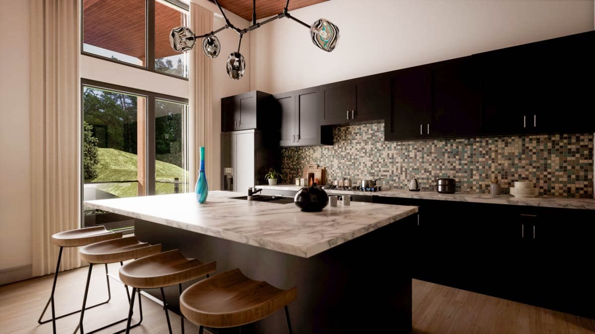 Modern kitchen with black cabinets, a marble island with wooden stools, and a unique light fixture. A large window offers a view of greenery.