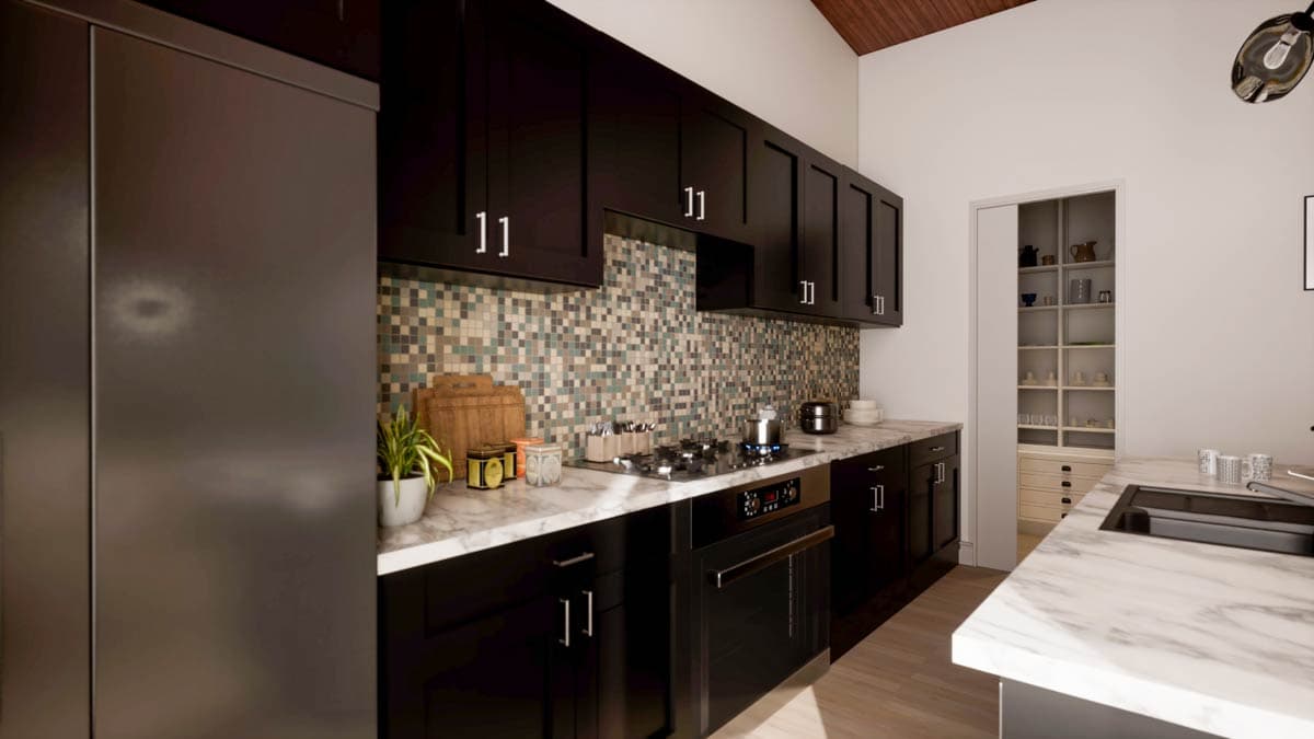 Modern kitchen with dark cabinetry, tile backsplash, and marble countertops. A stove, oven, and small pantry are visible.