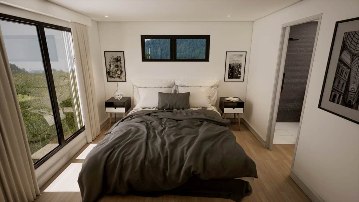 A modern bedroom with a large window overlooking a landscape, a double bed with gray bedding, and two nightstands with art prints.