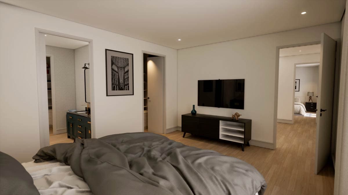 Modern bedroom interior with a large bed in the foreground, a TV mounted on the wall, and three open doorways leading to other rooms.