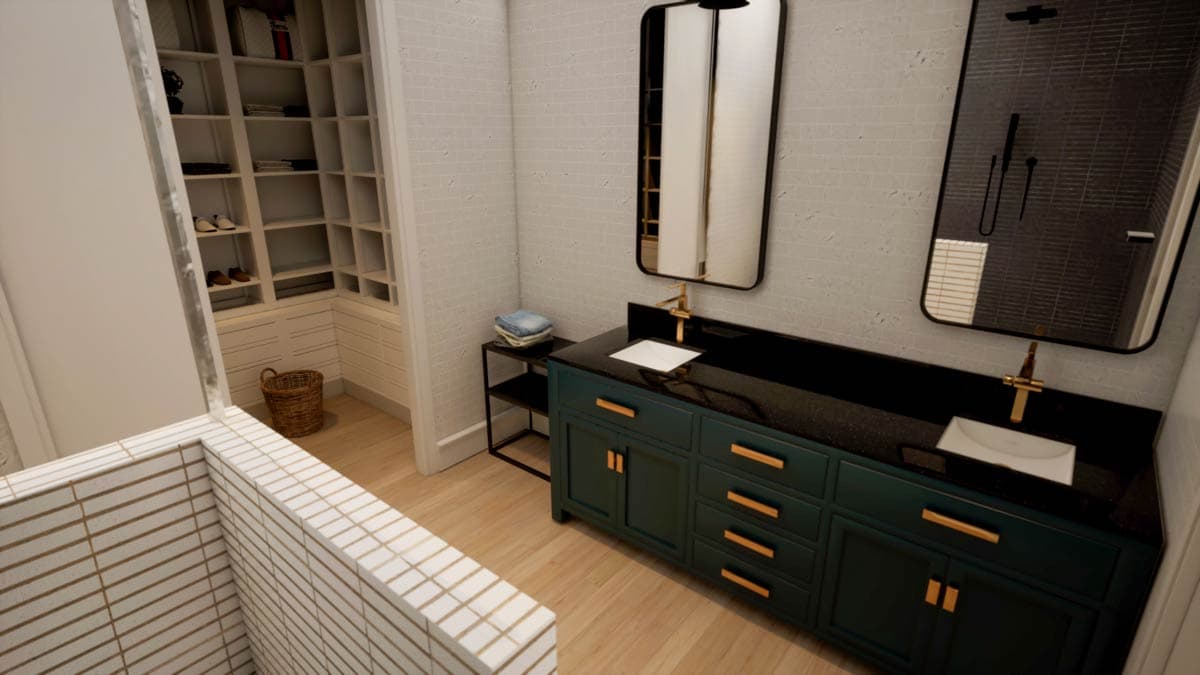 A modern bathroom features a dark green vanity with gold fixtures, two mirrors, and a walk-in closet in the background. Light wood floors throughout.