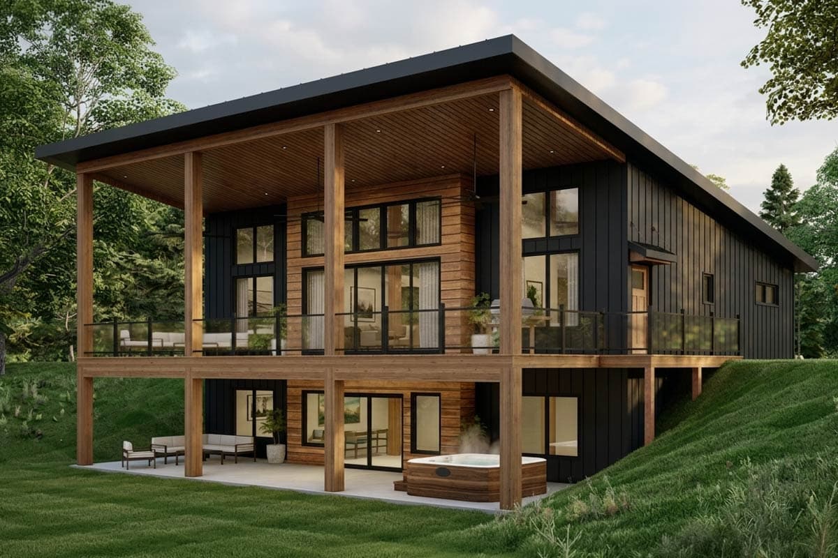Modern two-story house with a wooden facade and large windows. The house features a porch and a deck with a hot tub, set on a grassy hill.