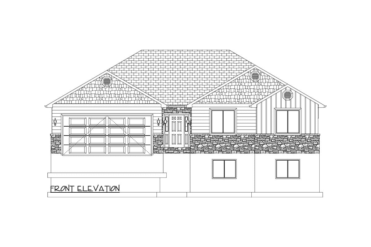 Front elevation house plan featuring a three-car garage, stone accents, gable dormers, and a central entrance.