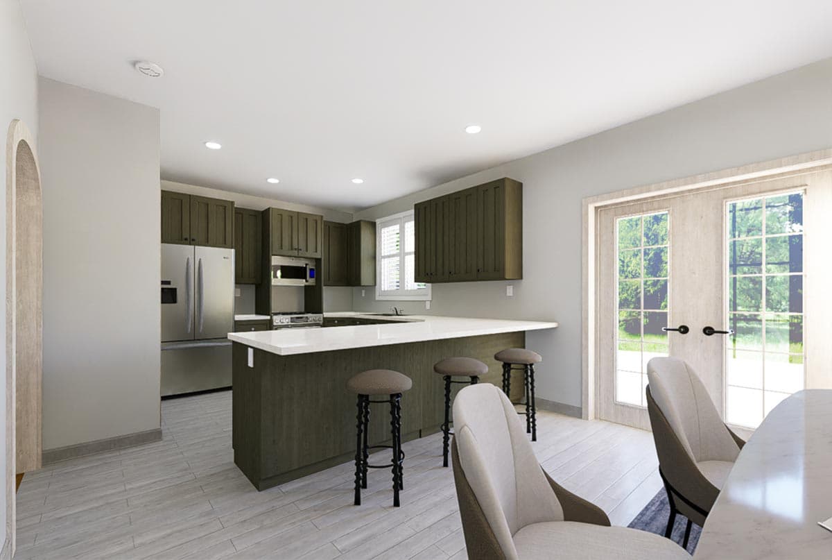 Kitchen with island seating, dark cabinetry, stainless steel appliances, and French doors leading outdoors.