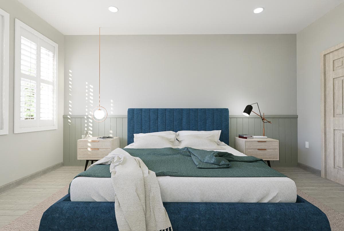 Bedroom rendering with king bed, blue upholstered headboard, paneled accent wall, wood-paneled door, and plantation shutters.