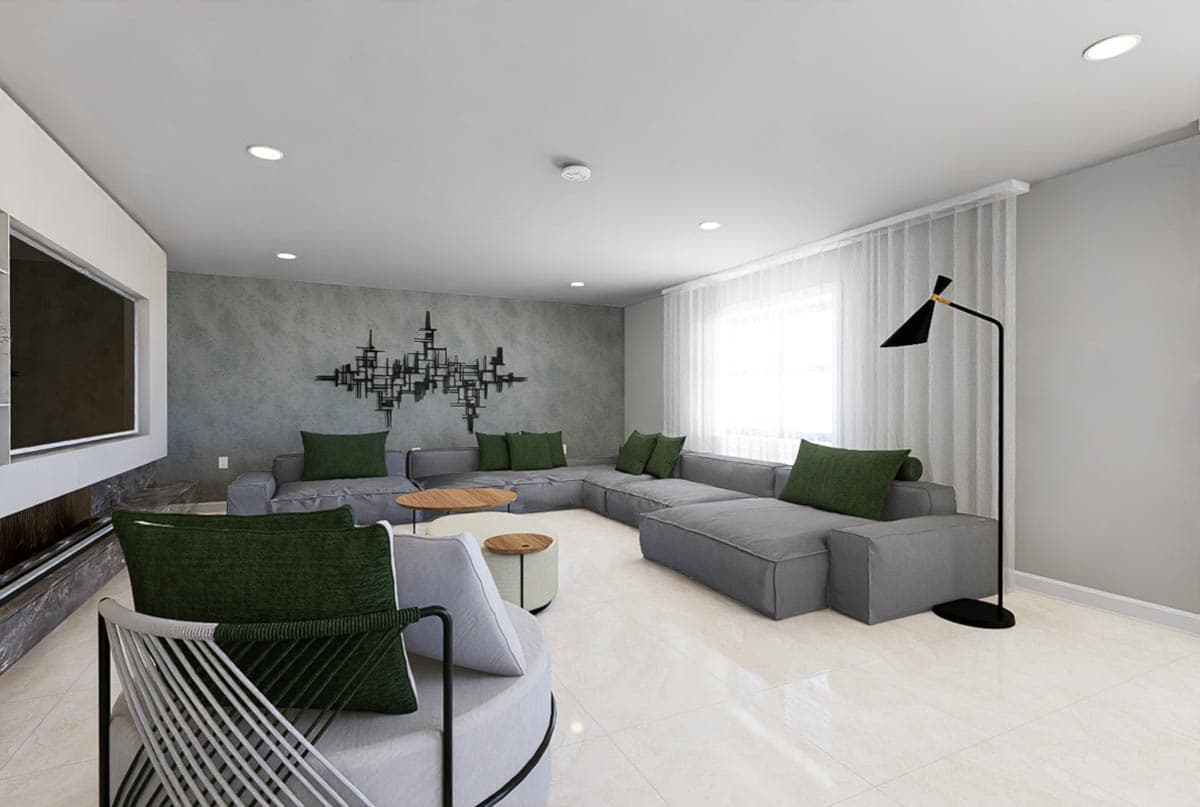 Rendering of a living room with a large sectional sofa, fireplace, wall art, and floor lamp.